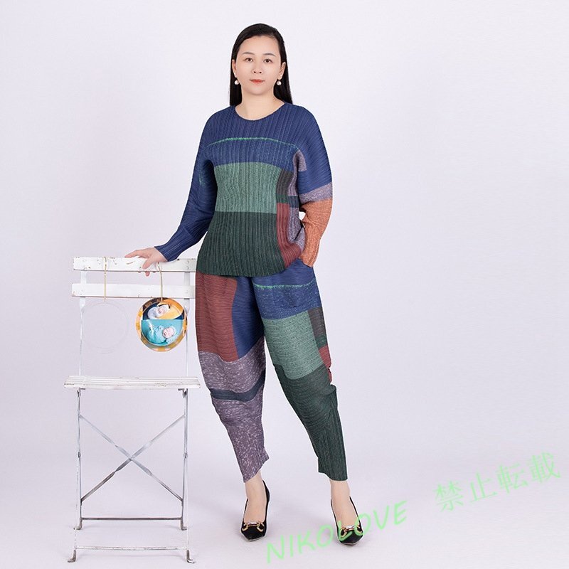 新品レディース プリーツシャツズボン2点セット プリーツブラウス美足パンツ弾力があり ドレープ性いい 素敵柄 LC831拍卖