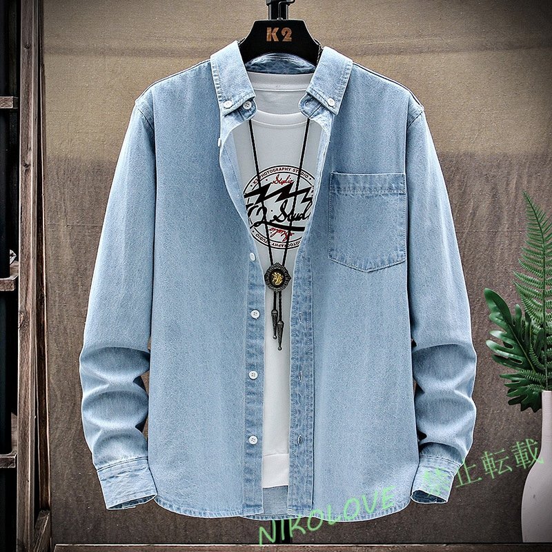 新品人気品 綿製 生地良い シンプル オシャレ デニムシャツ メンズ 長袖 ワークシャツ カジュアル アウター スリム /XL LC648拍卖