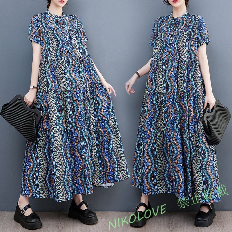 新品上質 Fサイズ カジュアル ロング シャツワンピース 夏 半袖 体型カバー 大きいサイズ マキシ丈ワンピース 大人 LC608拍卖