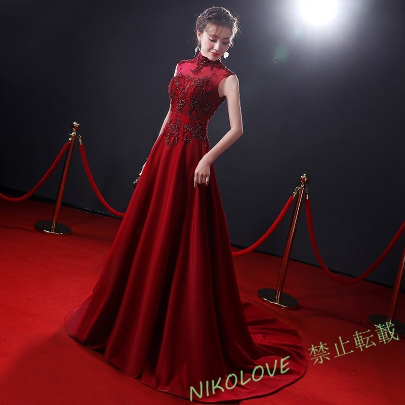 新品上品 ロングドレス 演奏会 コンサート 披露宴 イブニングドレス 二次会 フォーマルドレス ピアノ発表会 ワインレッド ロングス LC940拍卖