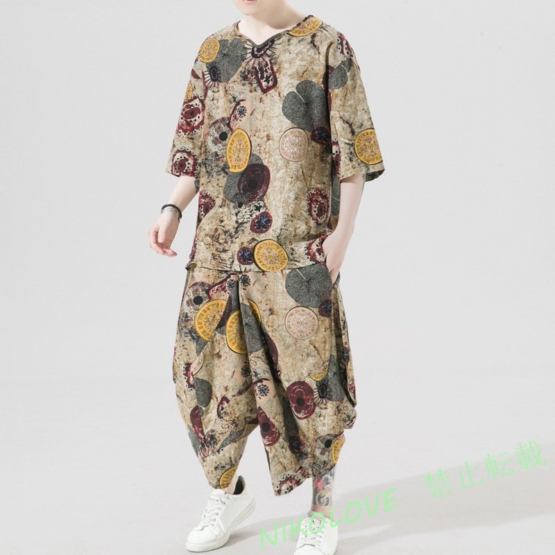 新品夏物ジャージメンズ綿麻セットアップ 上下セット カジュアル 半袖シャツサルエルパンツ 部屋着 涼しい夏 おしゃれ通気 LD019拍卖