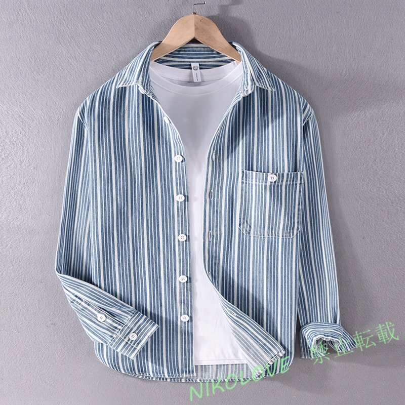 新品エレガント 長袖シャツ メンズ 綿生地 ワークシャツ ストライプ デニムシャツ 紳士服 トップス カジュアル ブルー/XLサイズ LD138拍卖