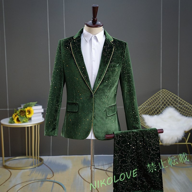 新品上質 2点セット ベルベッド 星空 ステージ衣装メンズ スーツセット タキシード 上着 ズボン グリーン M~3XLサイズ LD850拍卖