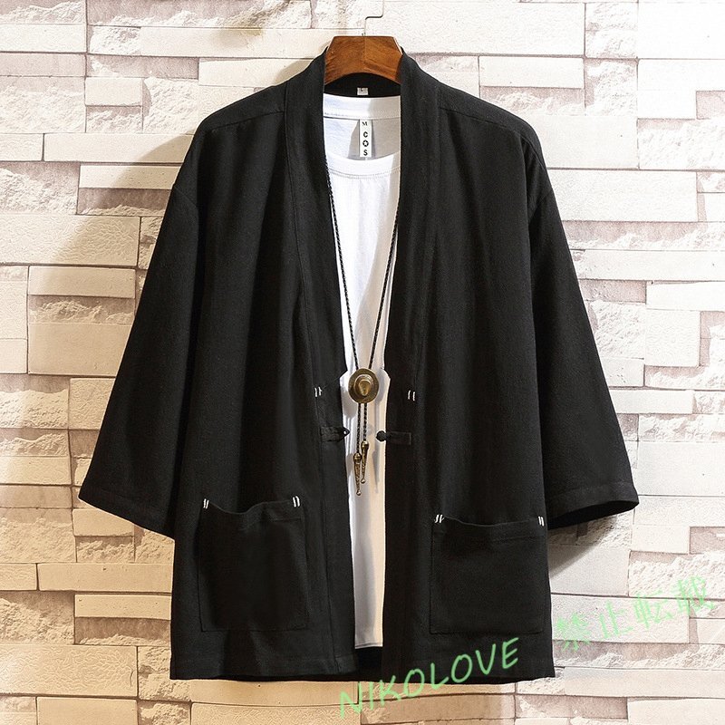 新品メンズ シャツ カーディガン パーカー 7分丈 和風 羽織 着物 浴衣 綿麻 ゆったり おしゃれ オールシーズン ブラック LD737拍卖