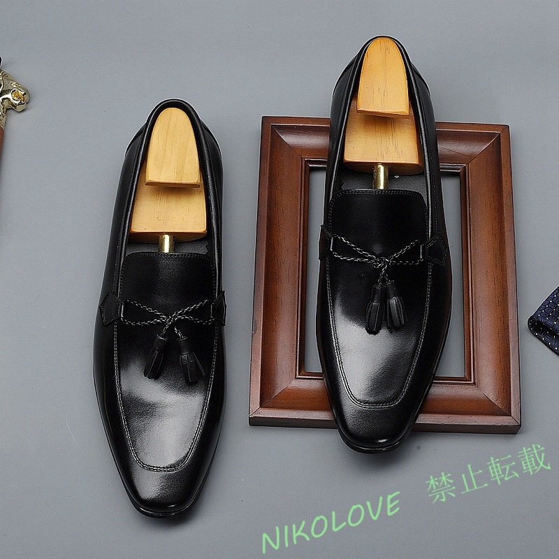 新品メンズシューズ ビジネ 高級牛革 職人手作り 本革レザーシューズ 紳士靴 革靴 タッセルローファー 宴会 ブラック 24~27cm LD768拍卖