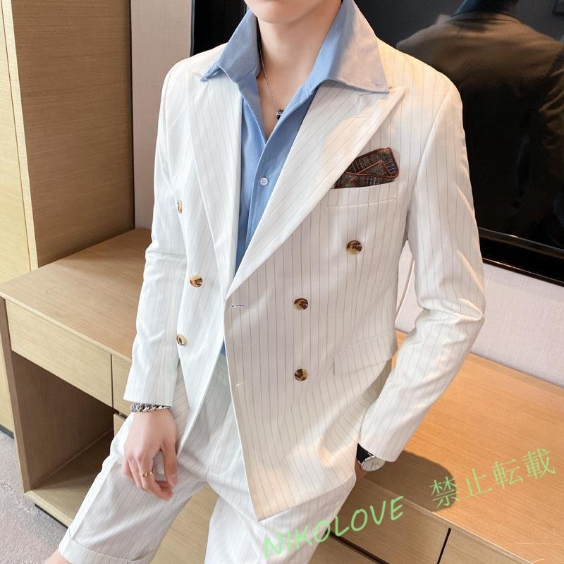 新品超希少 スリーピース メンズ ストライブ柄 ダブルスーツ ビジネス セットアップ 超華奢 スリム 紳士服 通勤 結婚式 M~3XL LD811拍卖