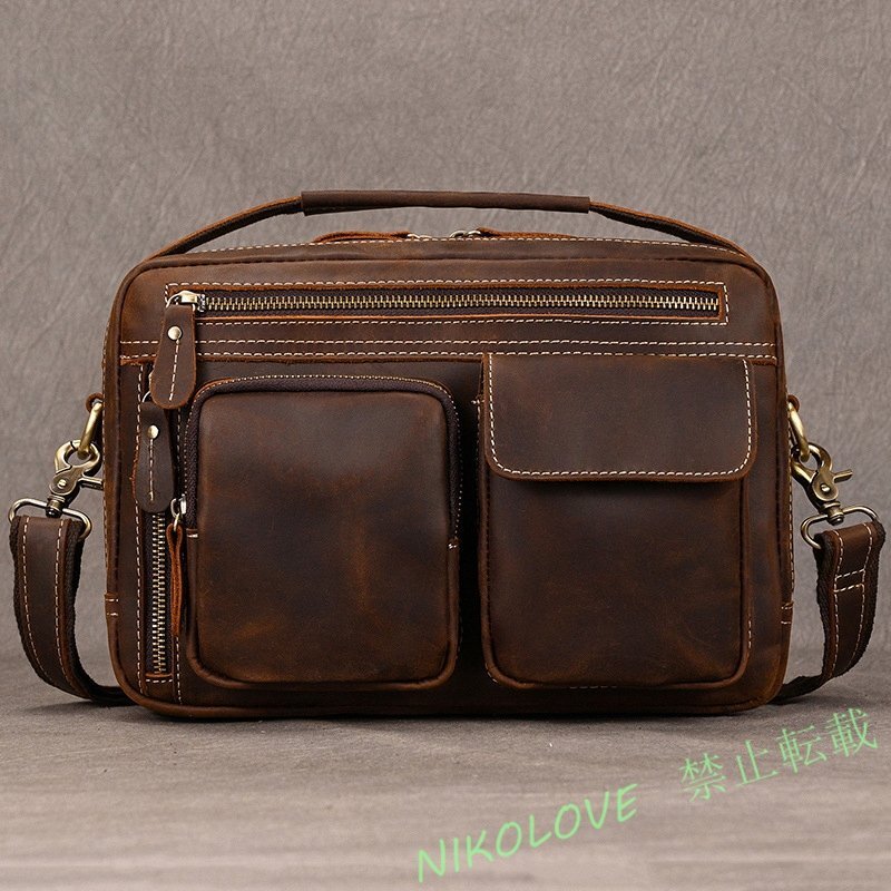 新品ショルダーバッグ 職人手作りヌメ革 斜めがけ ビジネスバッグ 上質レザー 縦型 肩掛け 大容量 通勤 LF522拍卖