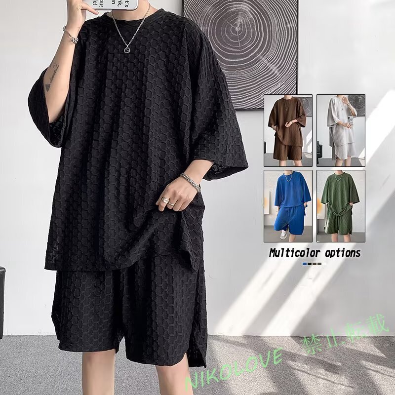 新品メンズ 上下セット セットアップ トップス+短パン 2点セット 大きいサイズ 半袖 夏 ゆったり カジュアル 3色M-3XL選択 LF316拍卖