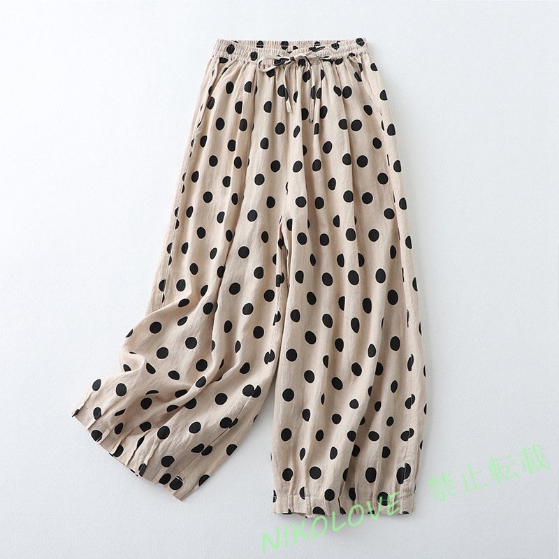 新品M-2XLサイズ 春夏 リネンパンツ レディース 水玉柄 綿麻 ボトムス きれいめ ワイドパンツ 大きいサイズ ウエストゴム LC342拍卖