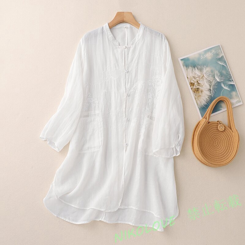 新品 夏 レディース ブラウス トップス ロングシャツ 刺繍り 七分袖 透け感 日焼け防止 羽織り 薄手 UV対策 紫外線対策ホワイト LG788拍卖