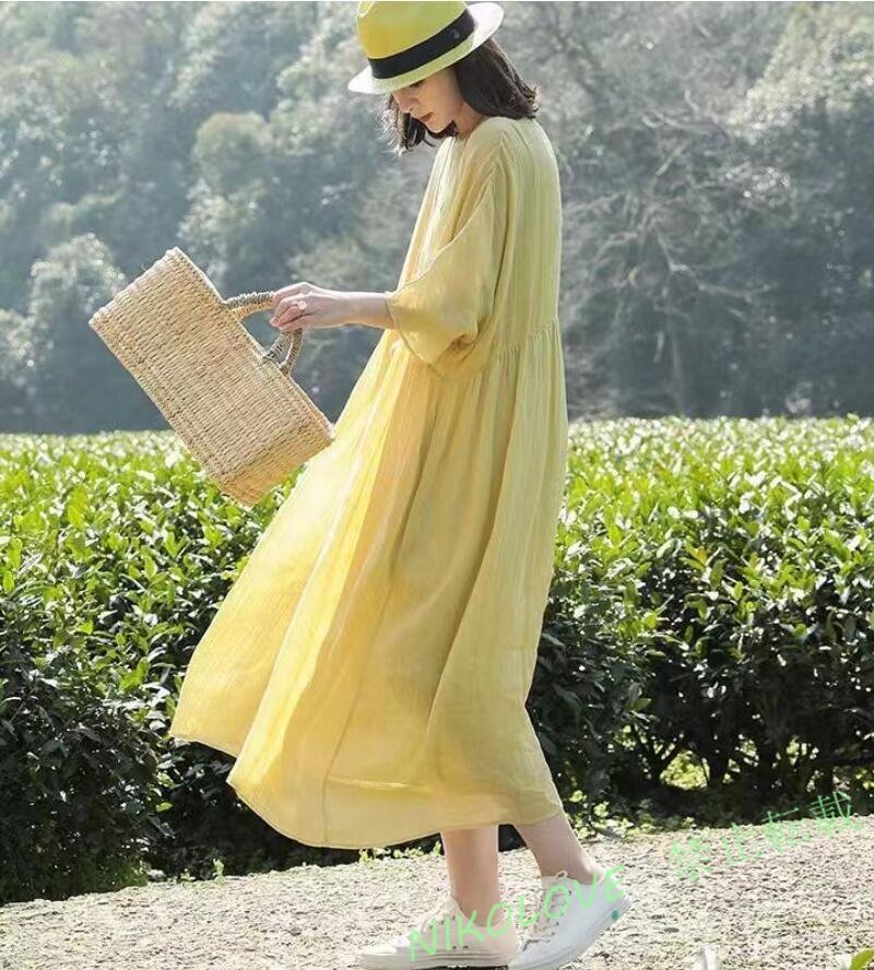 新品 夏ゆるシルエット ワンピース レディース 綿麻 ロングワンピース 半袖 体型カバー ロング丈 無地 カジュアルイエローXL LG751拍卖