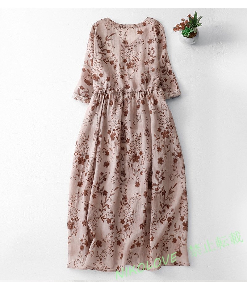 新品オシャレ 花柄 ワンピース 半袖 きれいめ ロングワンピース 大人可愛い プリント柄 ミモレ丈 ワンピース ピンク LE645拍卖