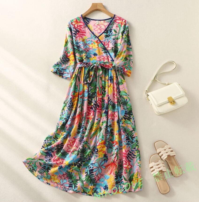 新品 夏マキシ丈ワンピース ゆったり 花柄 ロング ロングワンピ Vネック 大きいサイズ 304050代 総柄 通勤 着痩せ XL LG770拍卖
