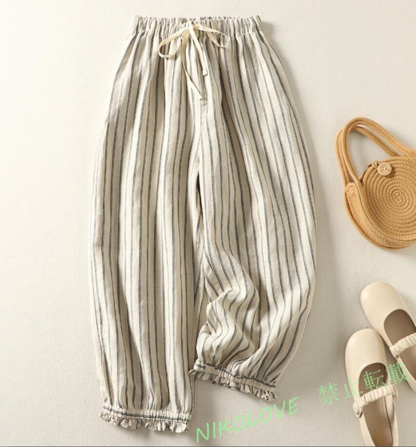 新品 夏カジュアル ゆったり ワイドパンツ ウエストゴム リネン ロングパンツ ボーダー柄 ロング丈 ボトムス パンツ オシャレXL LH111拍卖