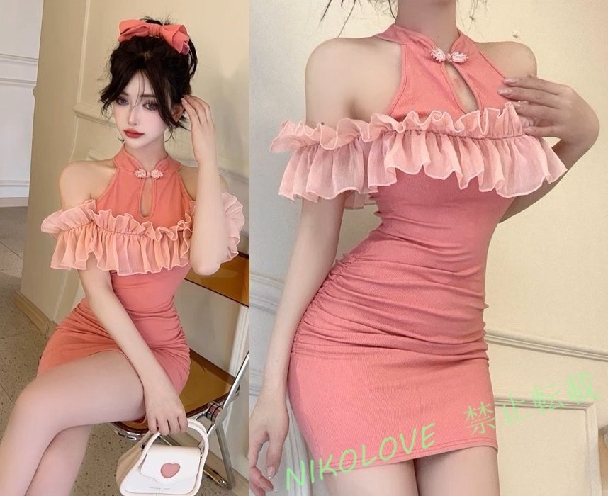 ☆新品*セクシー**とろみ素材*オフショル*肩開き*フリル*仕様*ハイネック*ギャザー*入*リブ*素材*タイト*ワンピース*ピンク*LF611拍卖