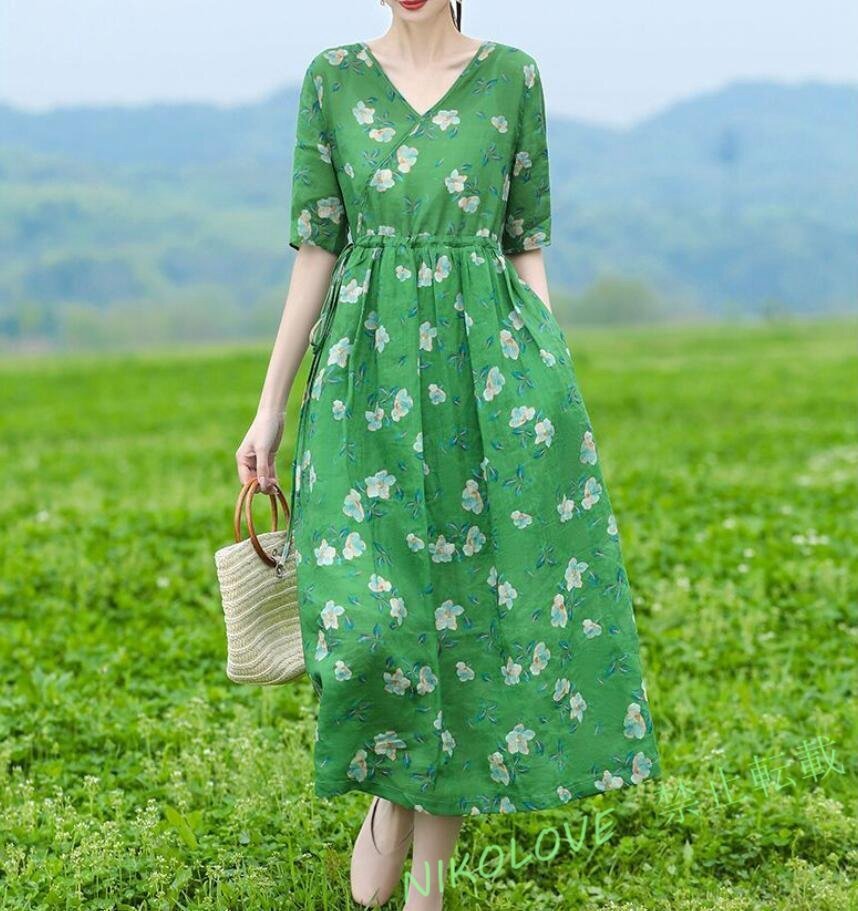 新品 夏 ワンピ ロングワンピース 膝下 花柄 ミモレ Vネック ロングワンピ 大きいサイズ 総柄 きれいめ おしゃれグリーンXL LG832拍卖