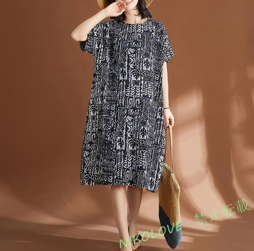 新品 夏カジュアル ナチュラル 大人 コットン リネンワンピース 半袖 きれいめ プリント柄 綿麻 体型カバー ロングワンピース LG807拍卖