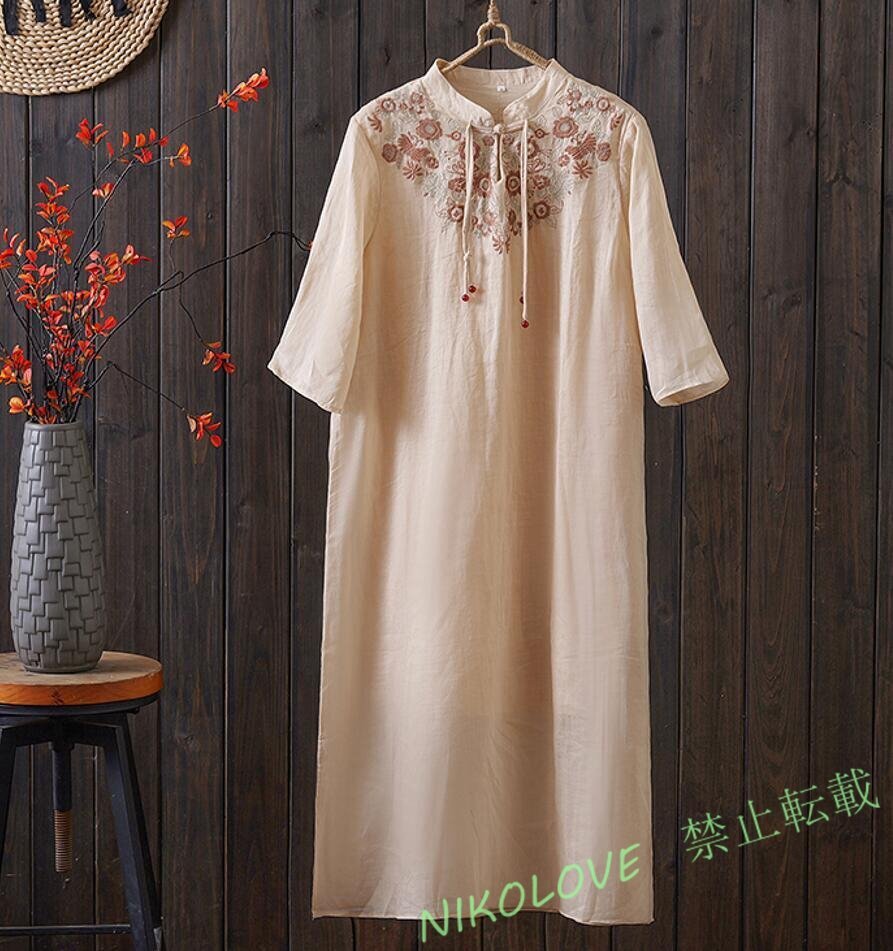 新品 夏 ワンピース 復古風 リネン風 夏 半袖 お花刺繍り ロングワンピース きれいめ ミモレ丈 ワンピース カジュアル 40代杏 LG956拍卖