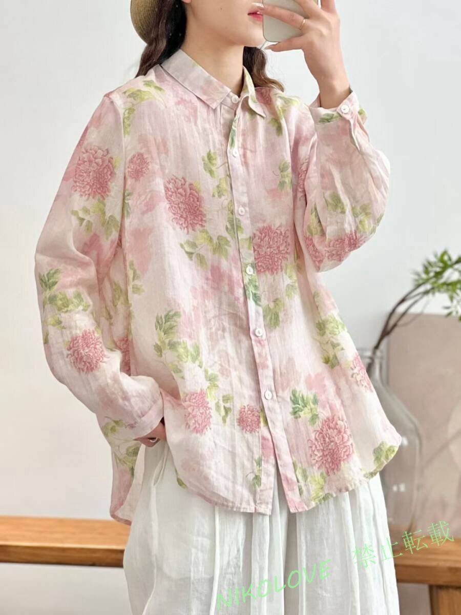 新品レディーストップス 長袖シャツ麻リネン肌触りいい 通気性いい 長袖ブラウス 素敵花柄 明るい LC364拍卖