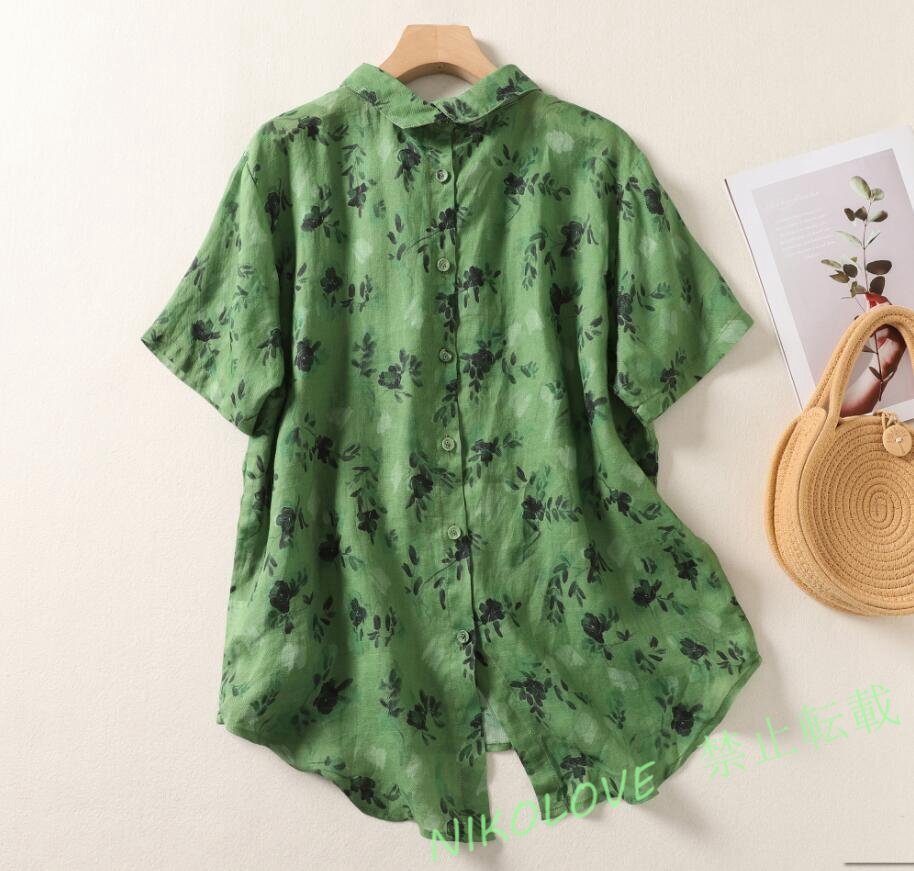 新品 夏 カジュアル ブラウス チュニック シャツ レディース ブラウス プリント柄 半袖 可愛い 大きいサイズ トップス グリーンLG886拍卖