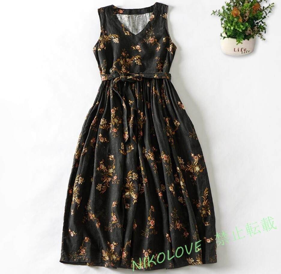 新品 夏ロングワンピース リネンワンピース カジュアル ゆったり Vネック ノースリーブ 大きいサイズ 上品 大人 プリント柄 着痩せLG834拍卖