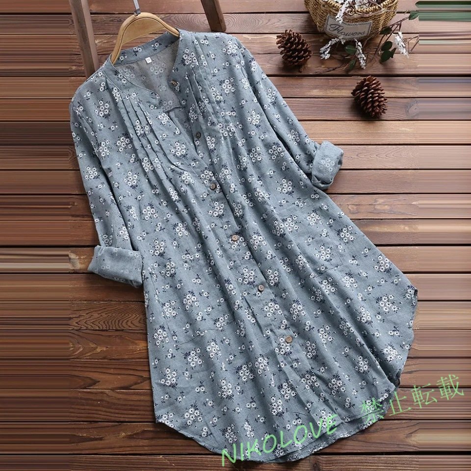 新品3色選択可 ゆったり春夏 ブラウス 長袖 チュニック シャツワンピース Aライン 薄手 小花柄 綿麻 大きいサイズ M-4XL LC473拍卖