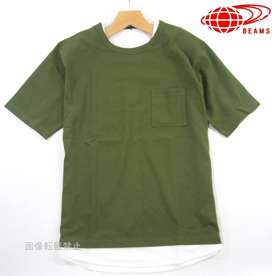 新品 ビームス ワッフルインナー風 半袖 フェイクレイヤード Tシャツ M オリーブ/カーキ カットソー BEAMS HEART拍卖