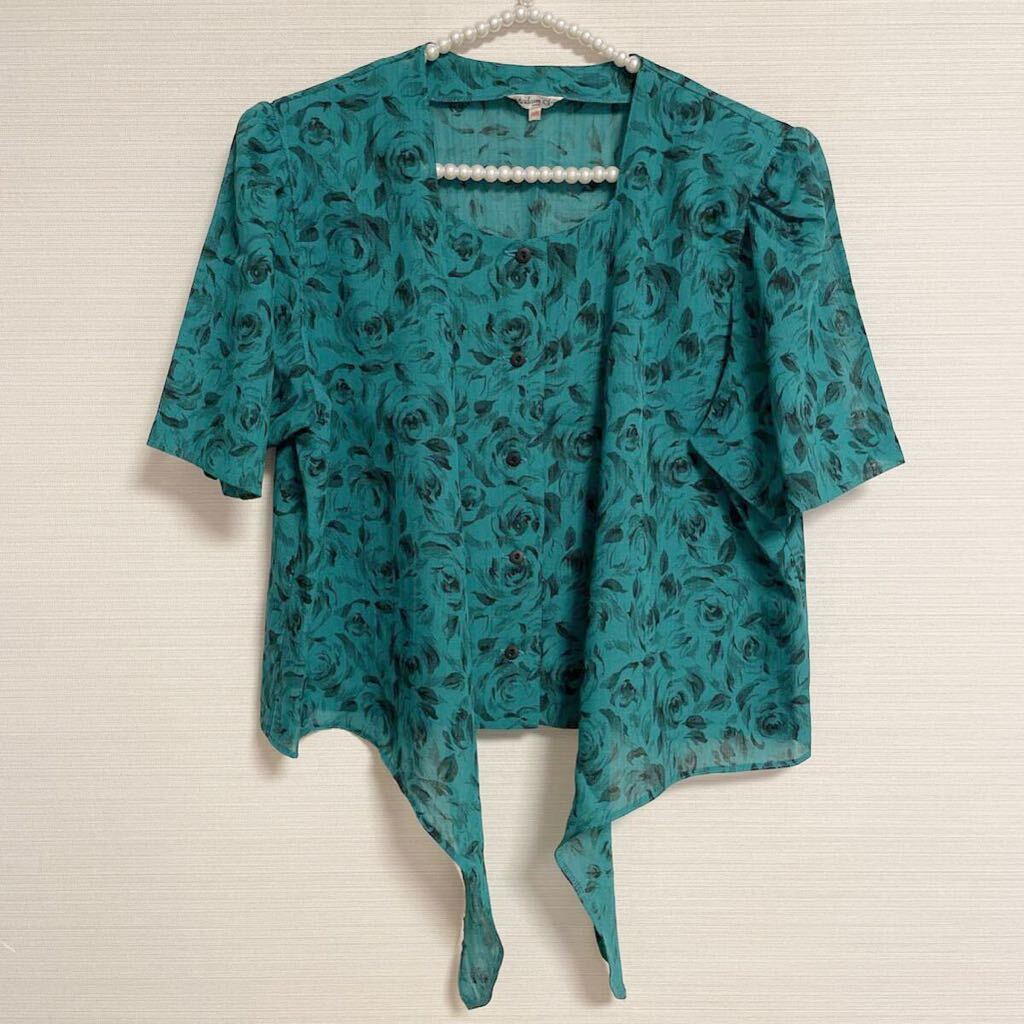 婦人服 レトロ トップス 半袖 15R 15号 3L グリーン 肩パット入り美品拍卖