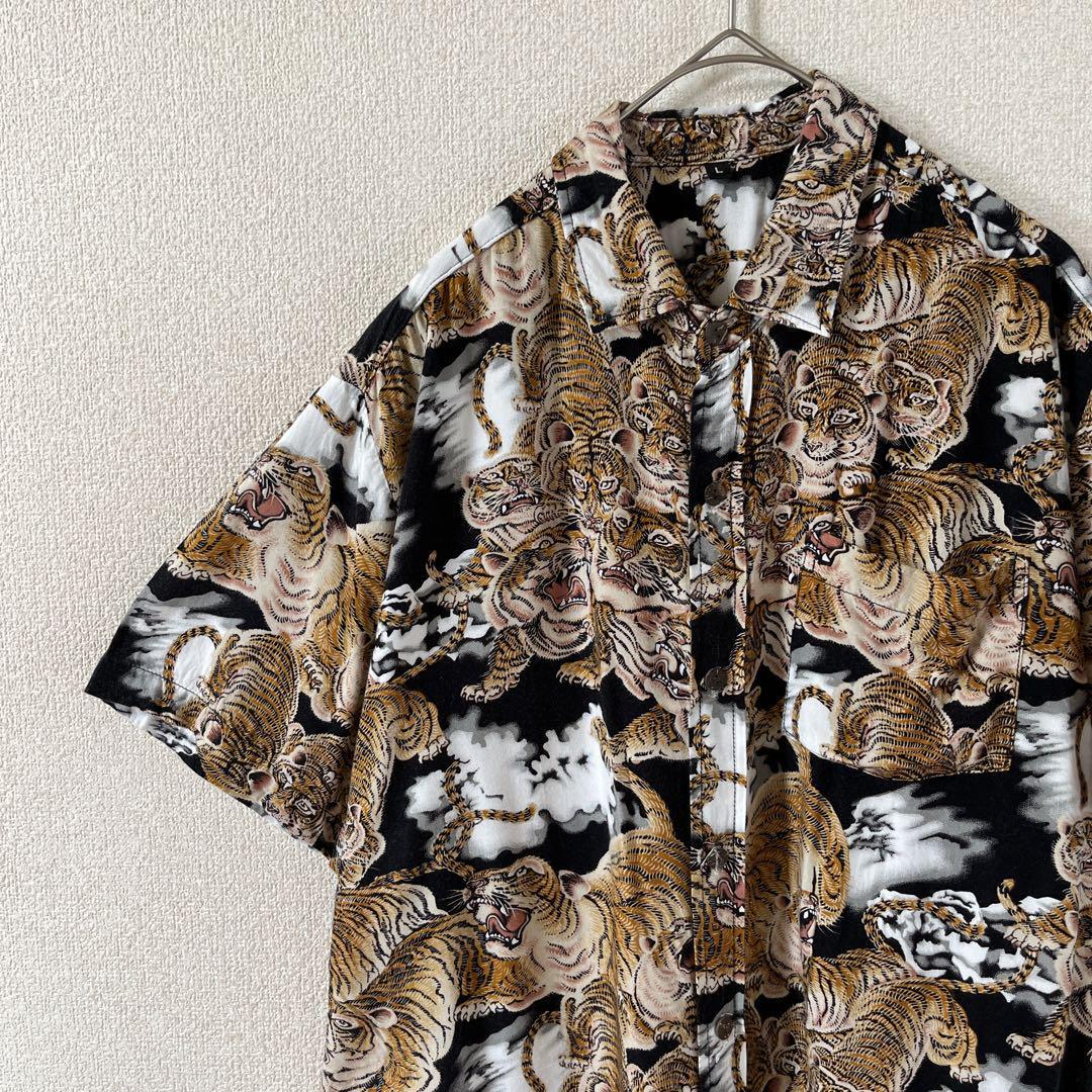T2 虎柄シャツ 和柄シャツ 半袖 Lメンズ 黒 デザインシャツ古着ヴィンテージ拍卖
