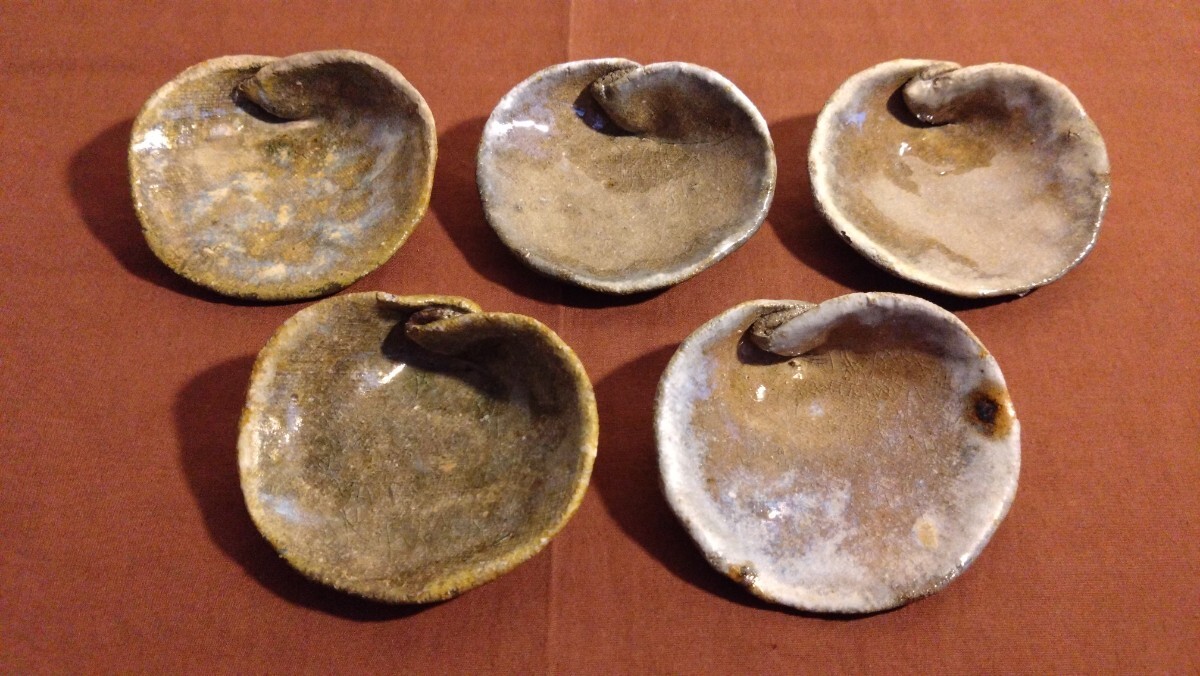 古越前 越前焼 貝皿 豆皿 菓子皿 灰釉 窯変 蔵出し 5客拍卖