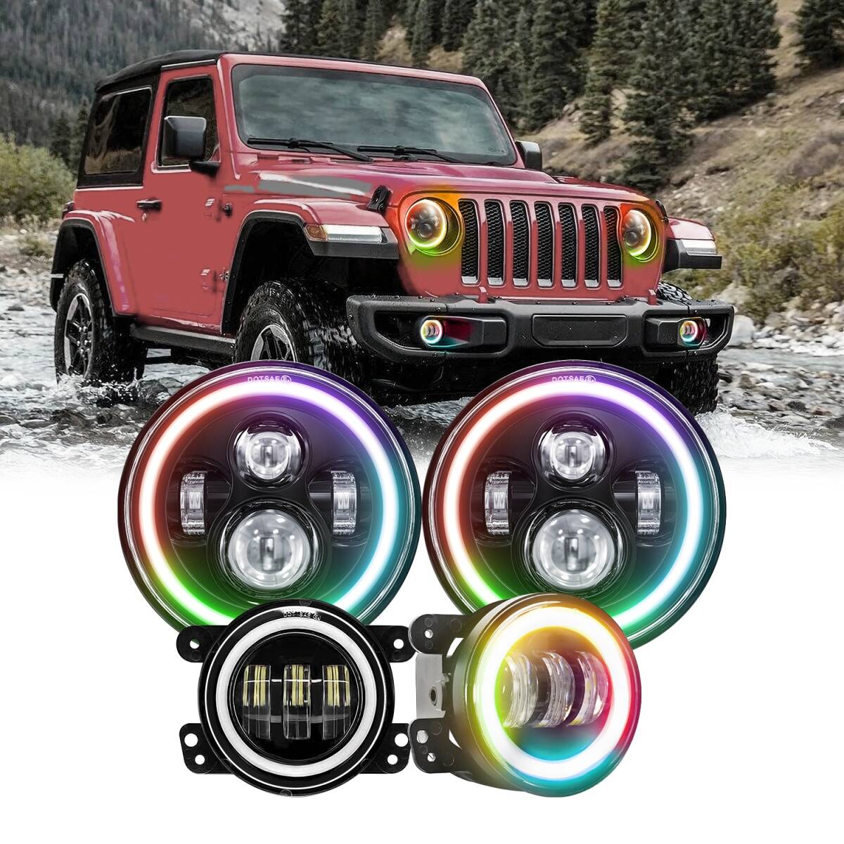 7インチLEDヘッドランプ+4インチLEDフォグランプ 4個セット(RGB) ディライト付き アセンブリ ジープ ラングラー JK TJ LJ CJ 1997-2018拍卖