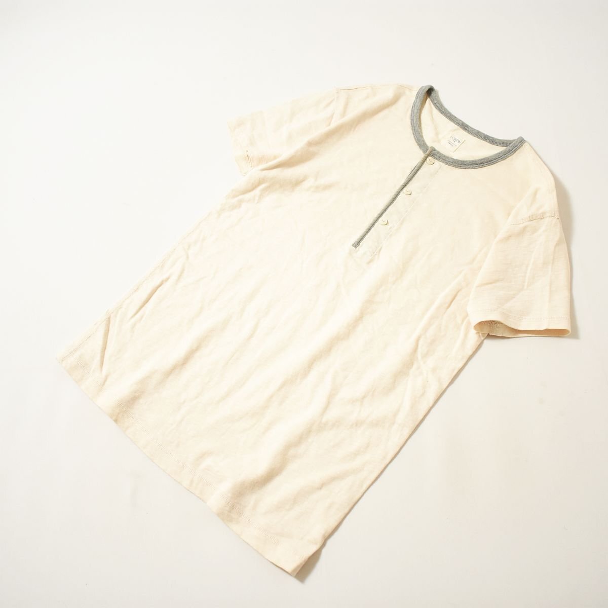 ★レアデザイン ジェイクルー J.CREW 半袖 ビンテージスタイル ヘンリーネック スラブ カットソー S ナチュラル メンズ Tシャツ 無地★拍卖