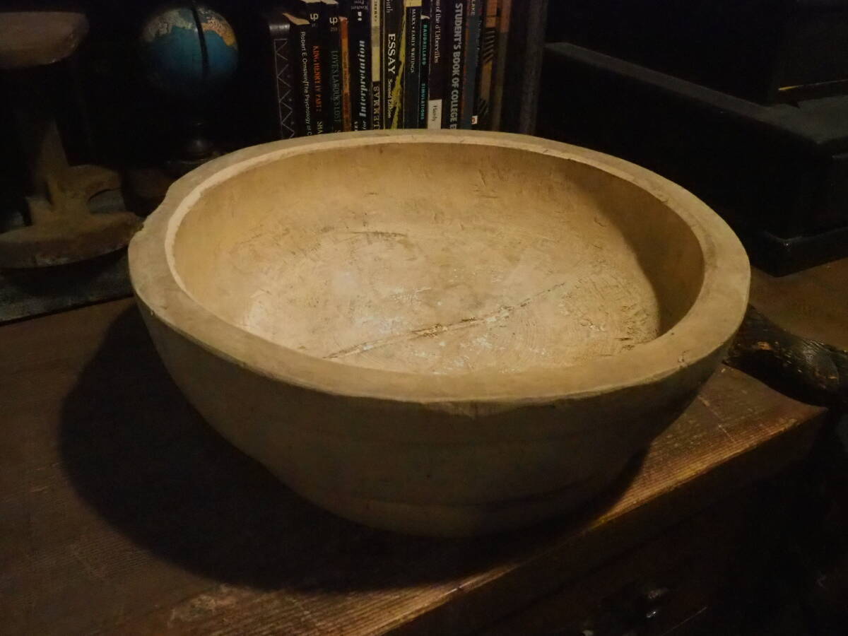 【重厚な無垢こね鉢44㎝】骨董ガーデニング蕎麦打ち花器花入れ古道具アンティーク木製インテリア古民具杵臼ドライフラワー観葉植物拍卖