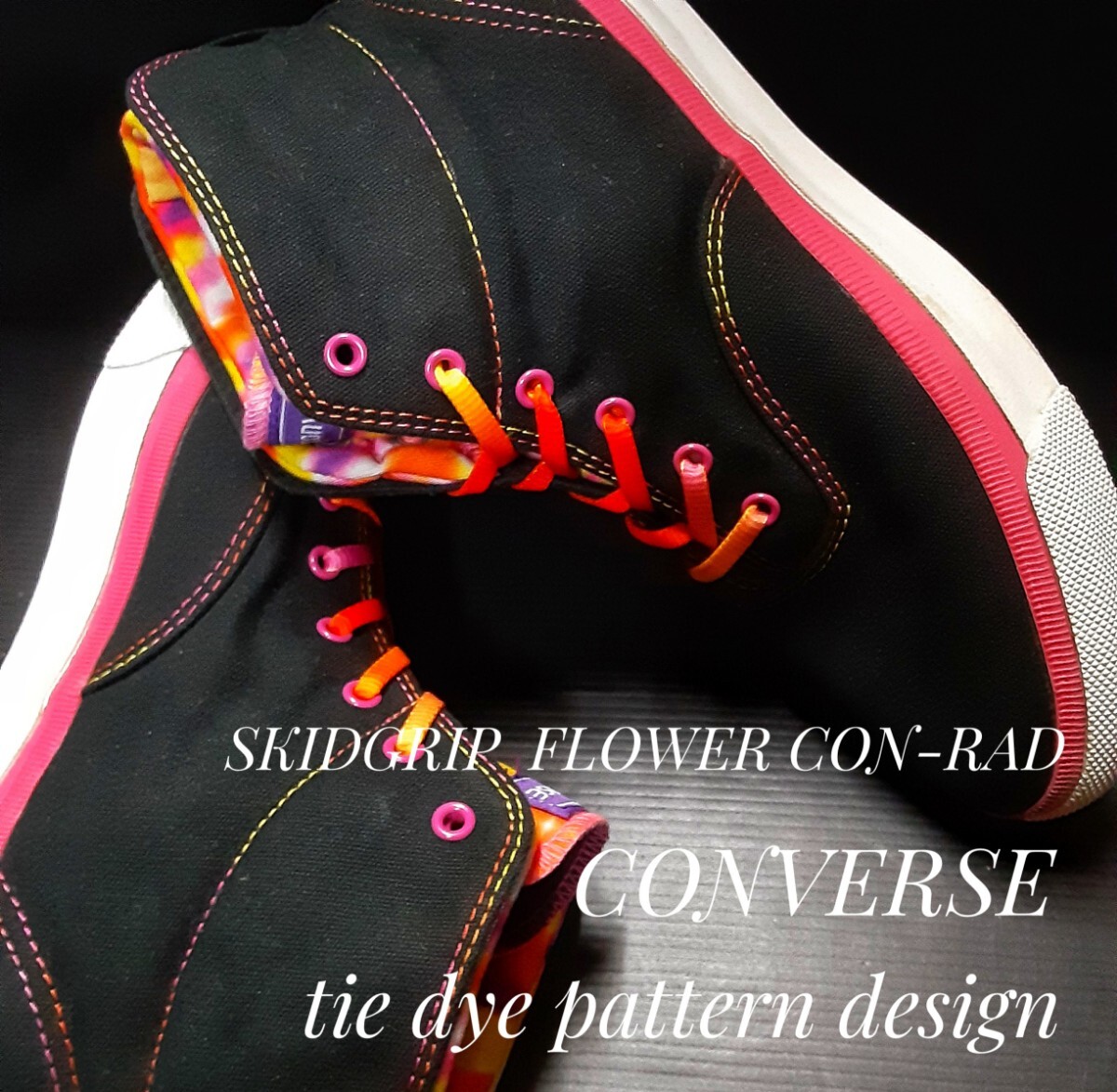 最値!超希少10年製!ヴィンテージオールドミッド!コンバース スキッドグリップ フラワーコンラッド スニーカー!名作タイダイ柄デザイン!25.5拍卖