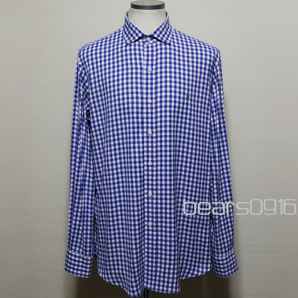アメリカ購入品 極美品 POLO RALPH LAUREN STANTON ポロ ラルフローレン ワイドカラー ホリゾンタル シャツ ギンガムチェック 青×白 L拍卖