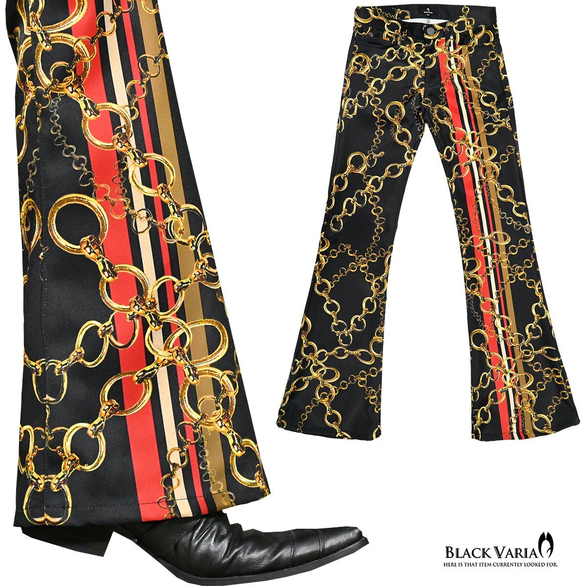 180091-chaingo BlackVaria ベルボトム チェーン柄 ブーツカット 日本製 ローライズ フレアパンツ メンズ(鎖柄ゴールド金) 30 股上浅め拍卖