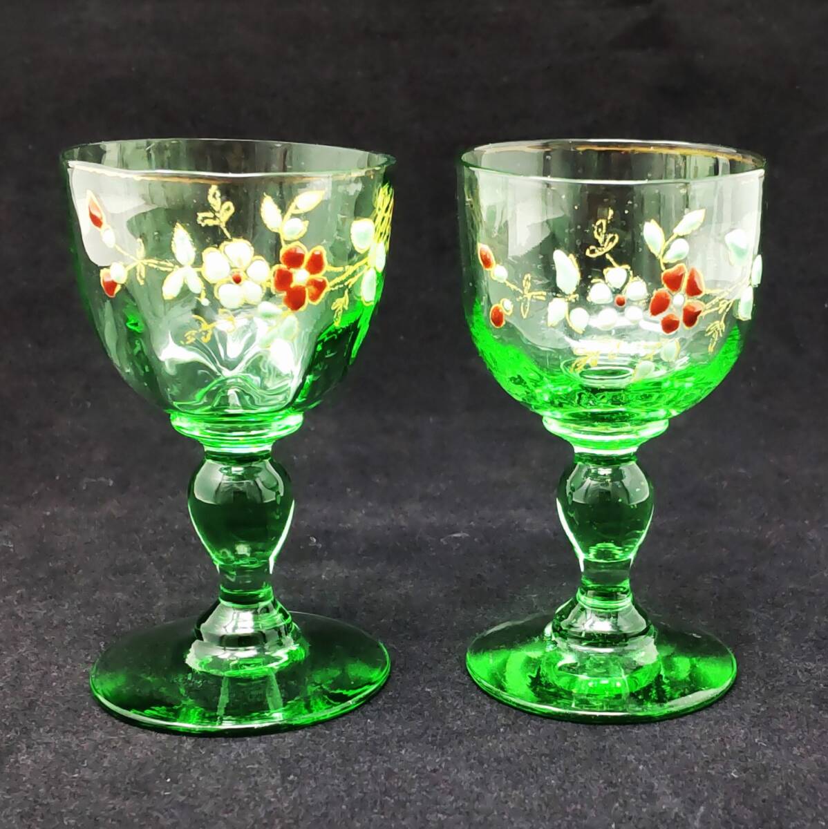 可愛いルグラ LEGRAS & Cie リキュールグラス 金彩 エナメル彩 花柄 2客セット H7.5cm 012◆ウランガラス ペア フランス アンティーク拍卖