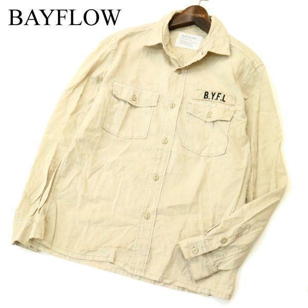 美品/BAYFLOW 麻 &コットン 長袖 シャツ Sz.2メンズベージュ拍卖