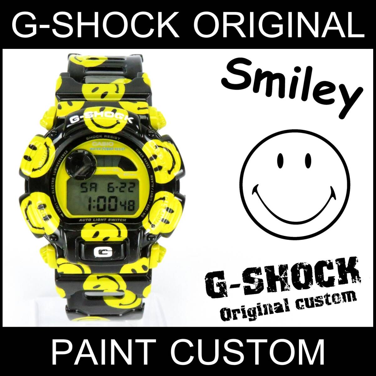 Gショック カスタム スマイリー 総柄 DW-9000 Xtreme にこちゃん エアーブラシ 塗装 G-SHOCK ニコちゃん 1点物 希少 限定 ジーショック拍卖