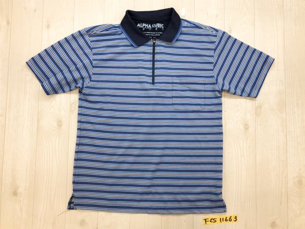 ALPHA CUBIC アルファキュービック メンズ ハーフジップ ボーダー ドライ 半袖ポロシャツ L 水色紺拍卖