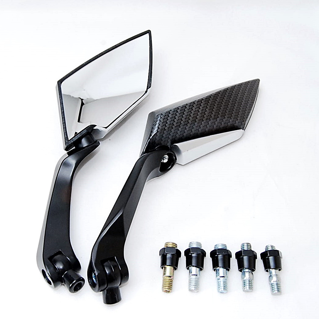 【全国一律650円】 バイクカスタム用サイドミラー カーボン柄ブラックステー 3種類の変換アダプター付 バックミラー 原付 ダイヤミラー 黒拍卖