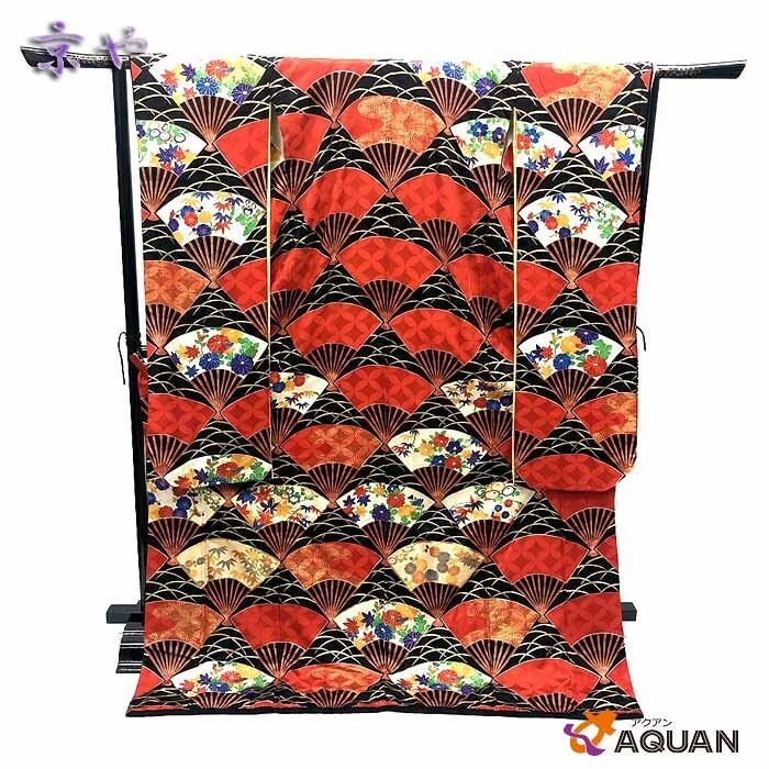 セール 京やD019 正絹 引き振袖 色打掛 黒 赤 花嫁衣裳 婚礼衣装 刺繍 芝草文様 扇 比翼仕立て 中古 美品 インテリア ディスプレイに拍卖