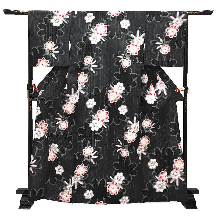 京やI485 大人の浴衣 ゆかた 浴衣 YUKATA ブランド浴衣 綿 H・L アッシュエル 墨色 黒地の浴衣 木綿の浴衣 ストライプ 花柄拍卖
