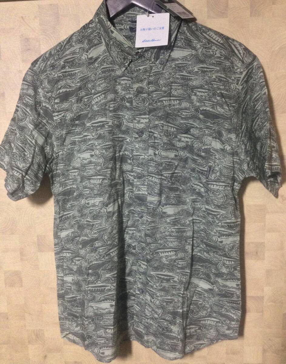 未使用 エディーバウワー Eddie Bauer 半袖シャツ 総柄 魚 トラウト ボタンダウン Sサイズ BAJA BD SHIRT拍卖
