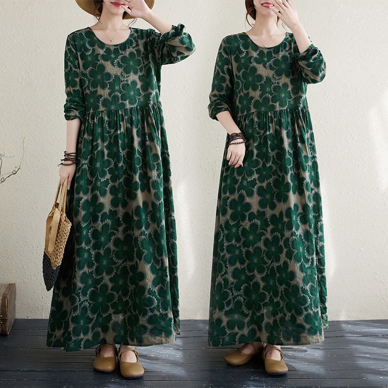 「同梱1万円送料無料」 秋新作*レディース*カジュアル*ゆったり大きいサイズ*体型カバー*プリント柄*長袖*ロング丈ワンピース*L~XXL*緑拍卖