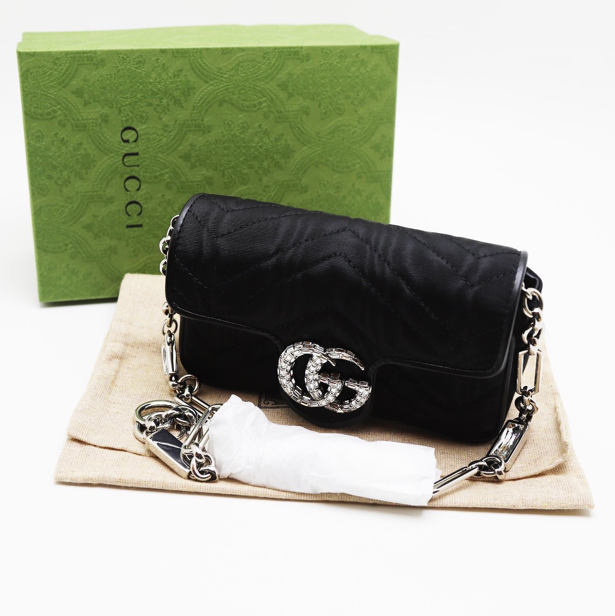 新品 グッチ チェーンショルダーバッグ 新作 GGマーモント ダブルGクリスタル シェブロンモアレ 746608拍卖