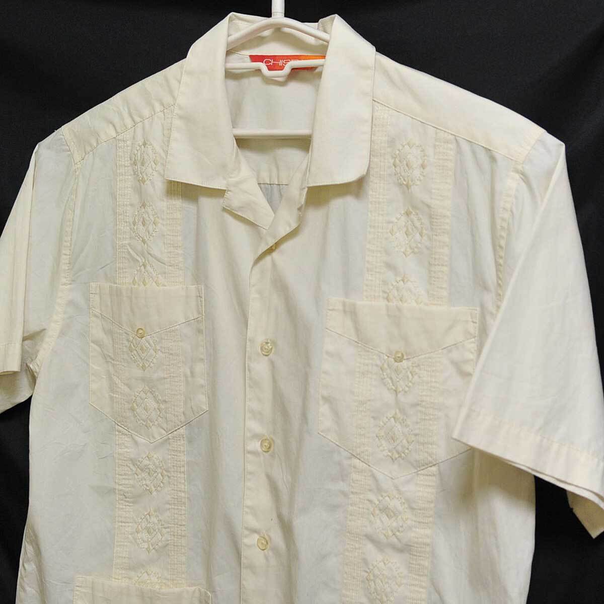 古着●キューバシャツ 半袖 オフホワイト L 身丈75x身幅61.5 汚れ xwp拍卖