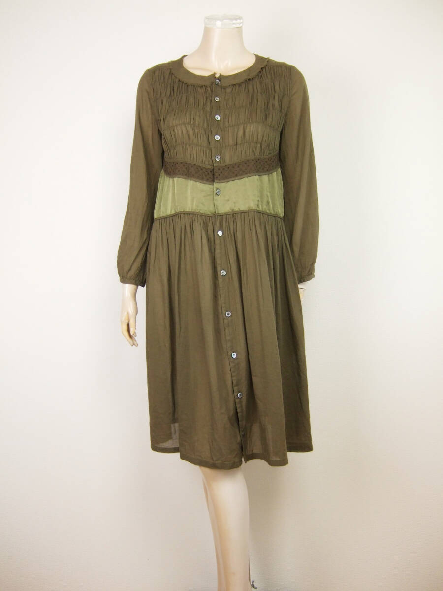 美品★スナオクワハラ*sunaokuwahara*オリーブグリーン系*柔らか綿ローン&サテン*細かプリーツ*薄手ワンピース*Mサイズ.9号.38拍卖