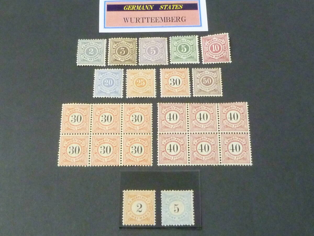 24L M №51 ドイツ切手 GERMANN STATES 1875-1900年 WURTTEBERG SC#55-72の内 計11種+6枚ブロック2種(NH) 未使用OH 【SC評価 $170】 拍卖
