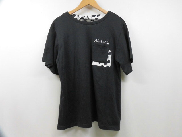 RODEO CROWNS ロデオクラウンズ ドット柄 バックリボン 半袖 Tシャツ 水玉 胸ポケット ロゴ刺繍 丸首 トップス ブラック 黒 フリーサイズ拍卖
